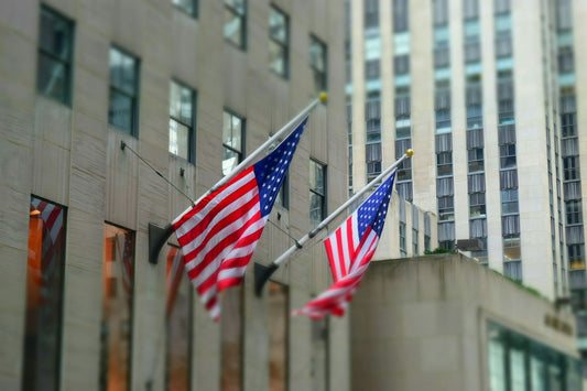 Multiple American flags displayed
